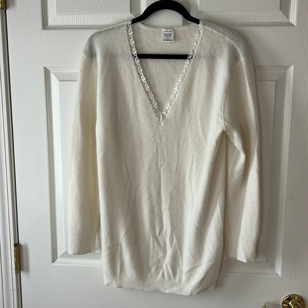 Vintage Cream Deep Vneck Lace Trim‎ Angora Sweater Made in Germany, Sz XXL